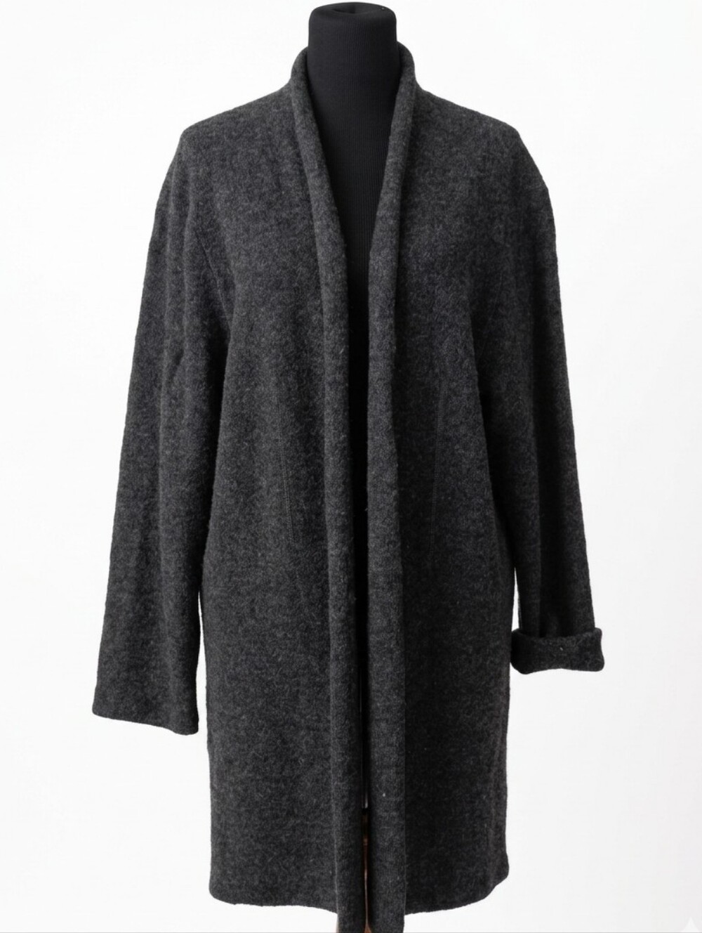 Vintage 100% Wool Charcoal Gray Longline Cardigan Duster Sweater Coat L